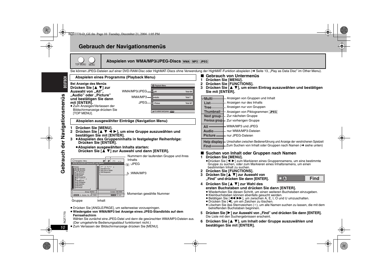 Gebrauch der navigationsmenüs, Ge b rauc h der na vi gati onsmen üs, Find | Panasonic DVDS29 User Manual | Page 10 / 96