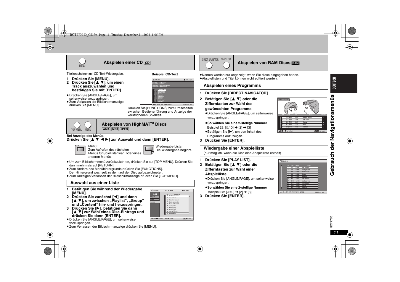 Gebrauc h der na v igat ionsmen üs, Abspielen einer cd, Abspielen von highmat | Discs, Auswahl aus einer liste, Abspielen von ram-discs | Panasonic DVDS29 User Manual | Page 11 / 96