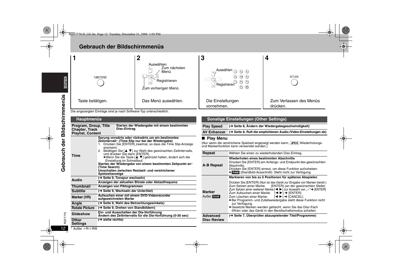 Gebrauch der bildschirmmenüs | Panasonic DVDS29 User Manual | Page 12 / 96