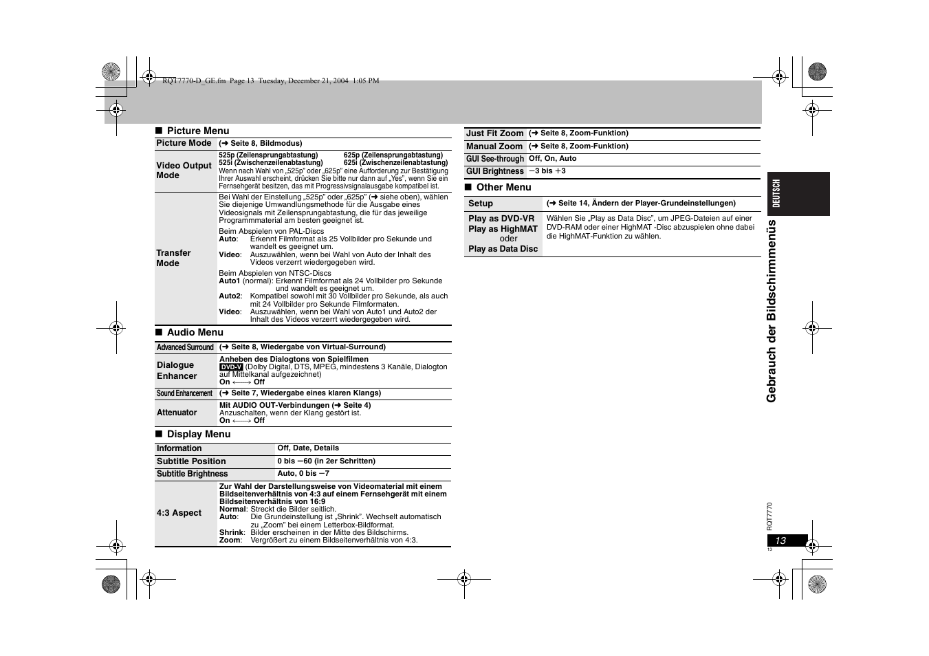 Gebr auc h der bil dsc hir m men ü s | Panasonic DVDS29 User Manual | Page 13 / 96