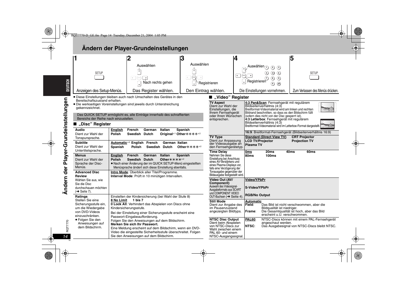 Ändern der player-grundeinstellungen, Ändern der pl ayer -g ru ndeinst el lung en | Panasonic DVDS29 User Manual | Page 14 / 96