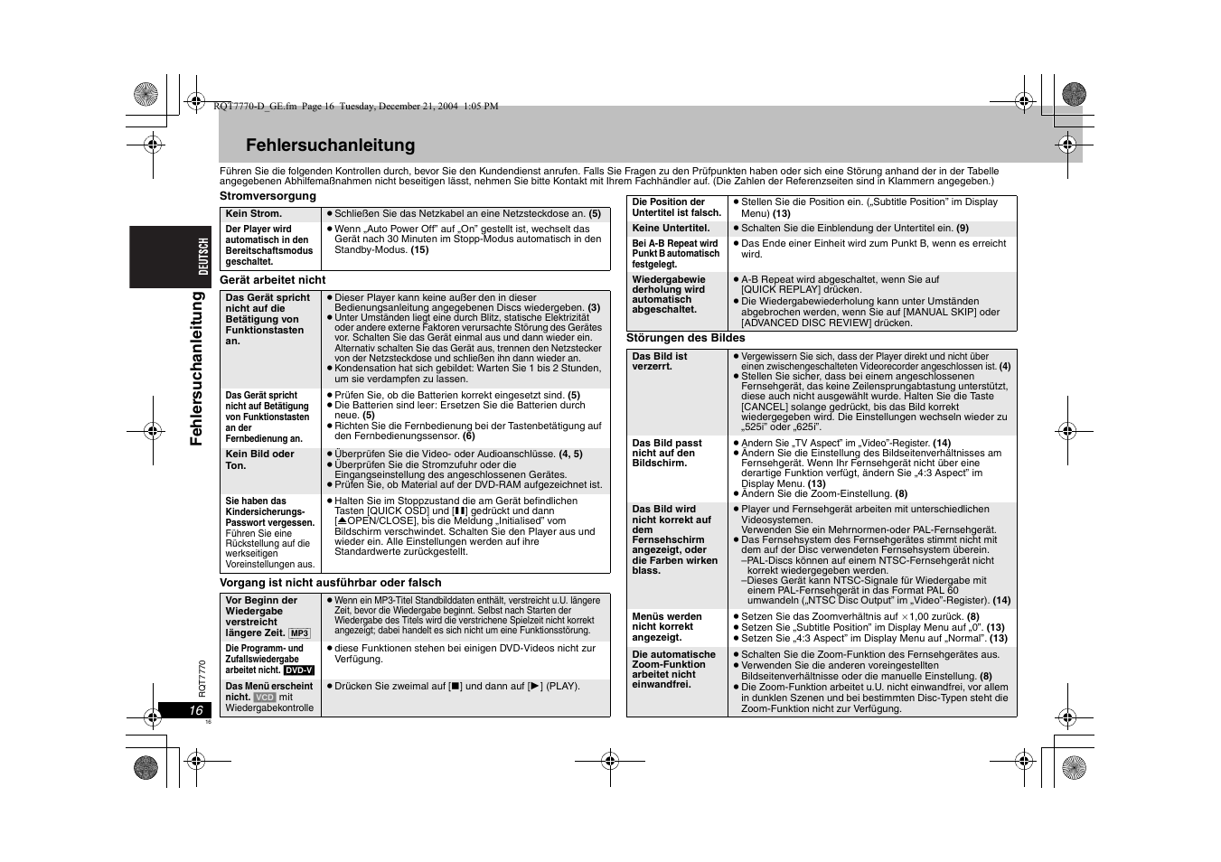 Fehlersuchanleitung, Fehl er suc hanl eit ung | Panasonic DVDS29 User Manual | Page 16 / 96