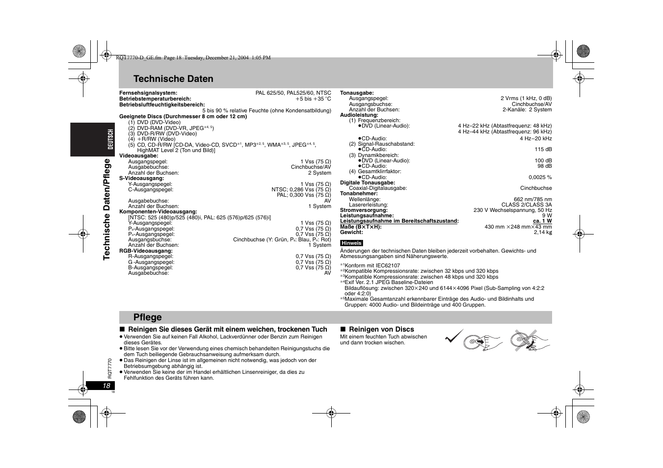 Technische daten, Pflege, Te c hnisc h e dat en/pf lege | Panasonic DVDS29 User Manual | Page 18 / 96