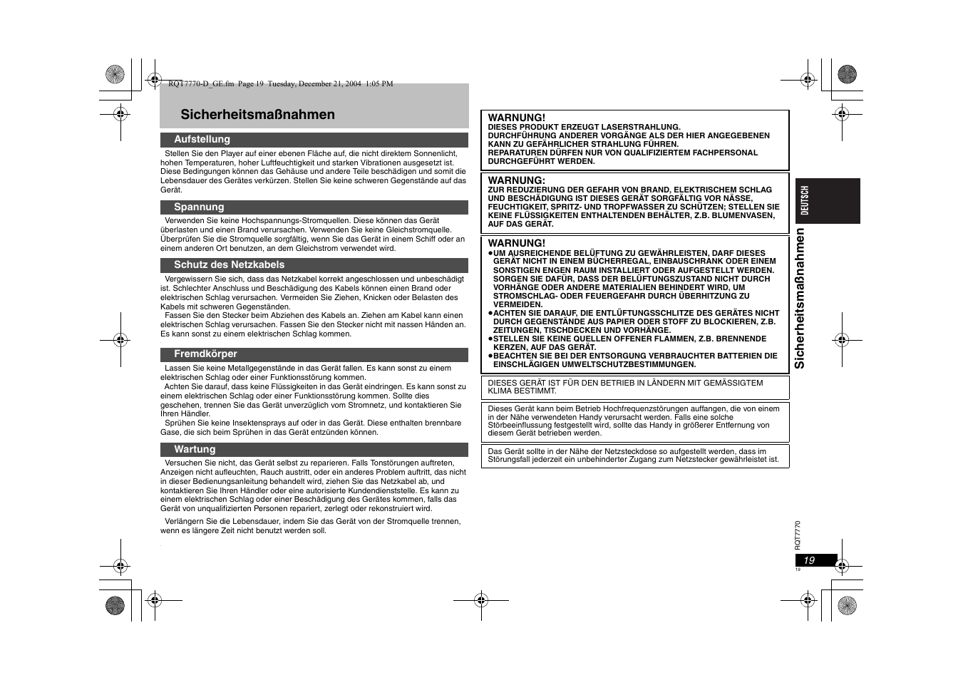 Sicherheitsmaßnahmen, Sic h erhei tsmaßnahmen | Panasonic DVDS29 User Manual | Page 19 / 96