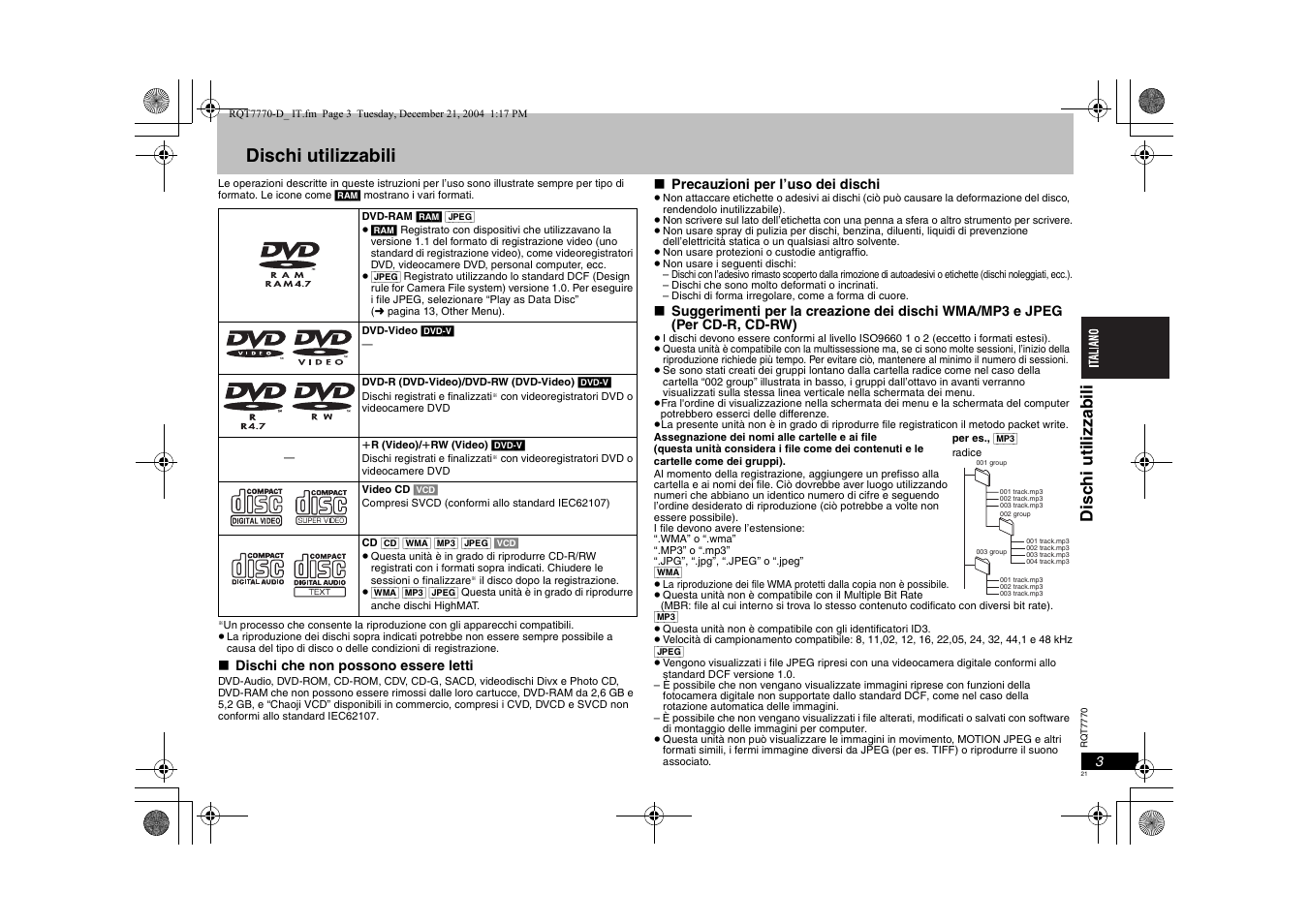 Dischi utilizzabili | Panasonic DVDS29 User Manual | Page 21 / 96