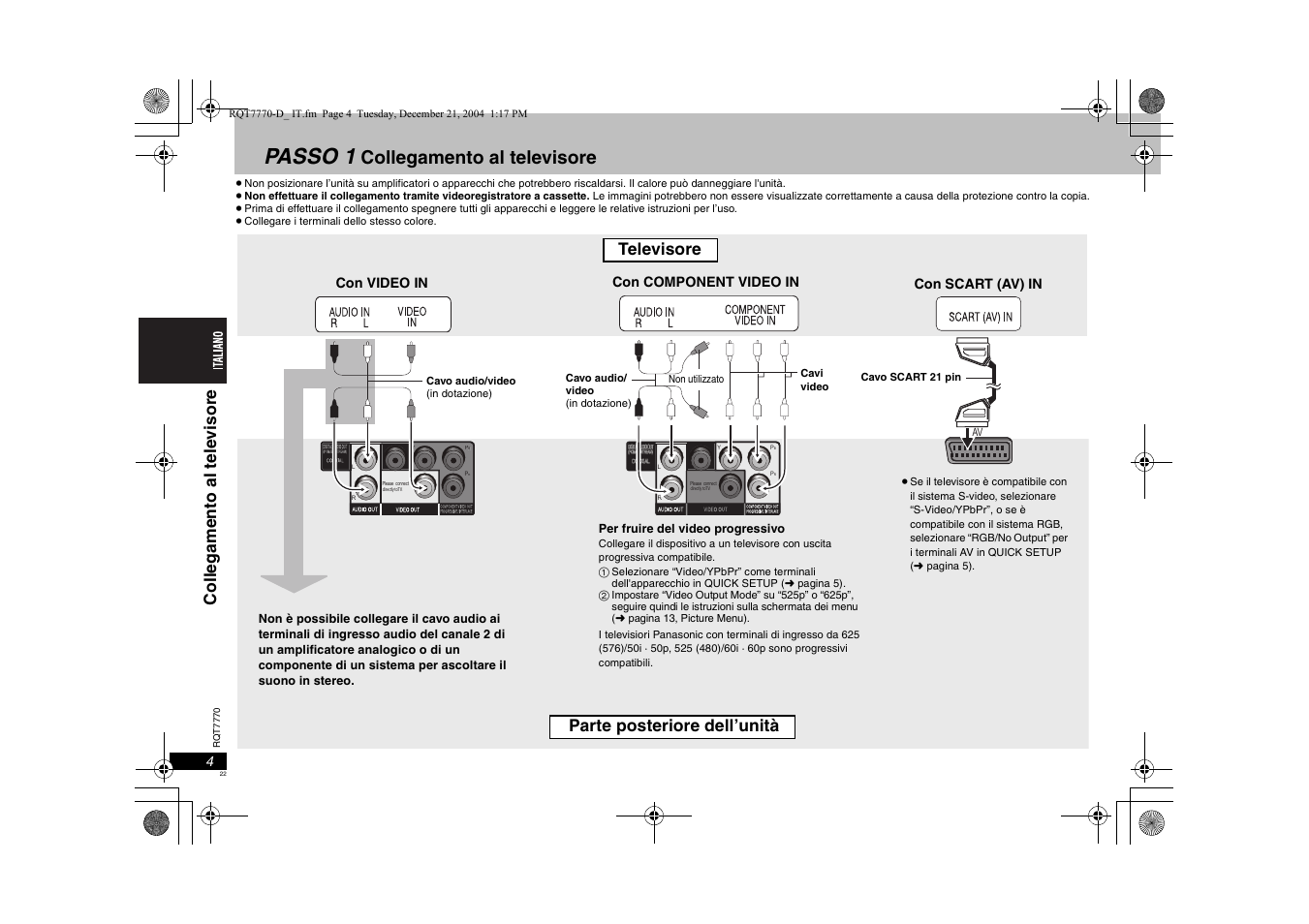 Passo 1, Collegamento al televisore, Televisore | Panasonic DVDS29 User Manual | Page 22 / 96