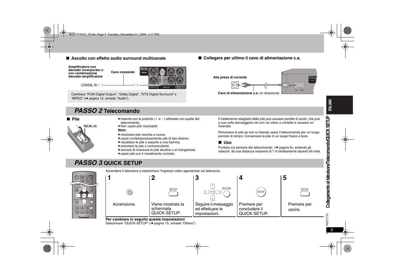 Passo 2, Passo 3, Telecomando | Quick setup | Panasonic DVDS29 User Manual | Page 23 / 96