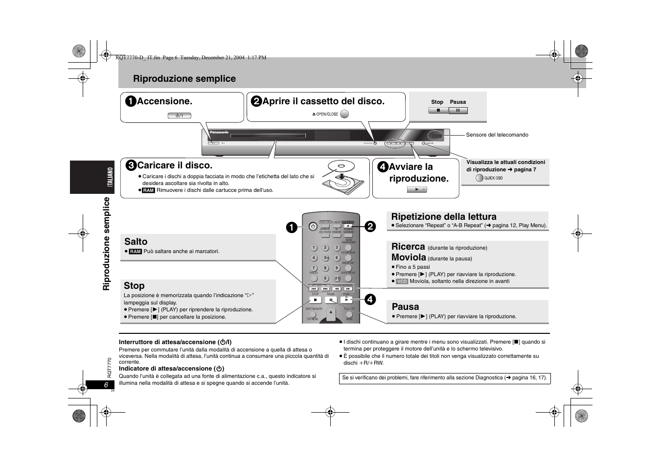 Riproduzione semplice, Accensione, Aprire il cassetto del disco | Caricare il disco, Avviare la riproduzione, Salto, Stop, Ricerca, Moviola, Pausa | Panasonic DVDS29 User Manual | Page 24 / 96