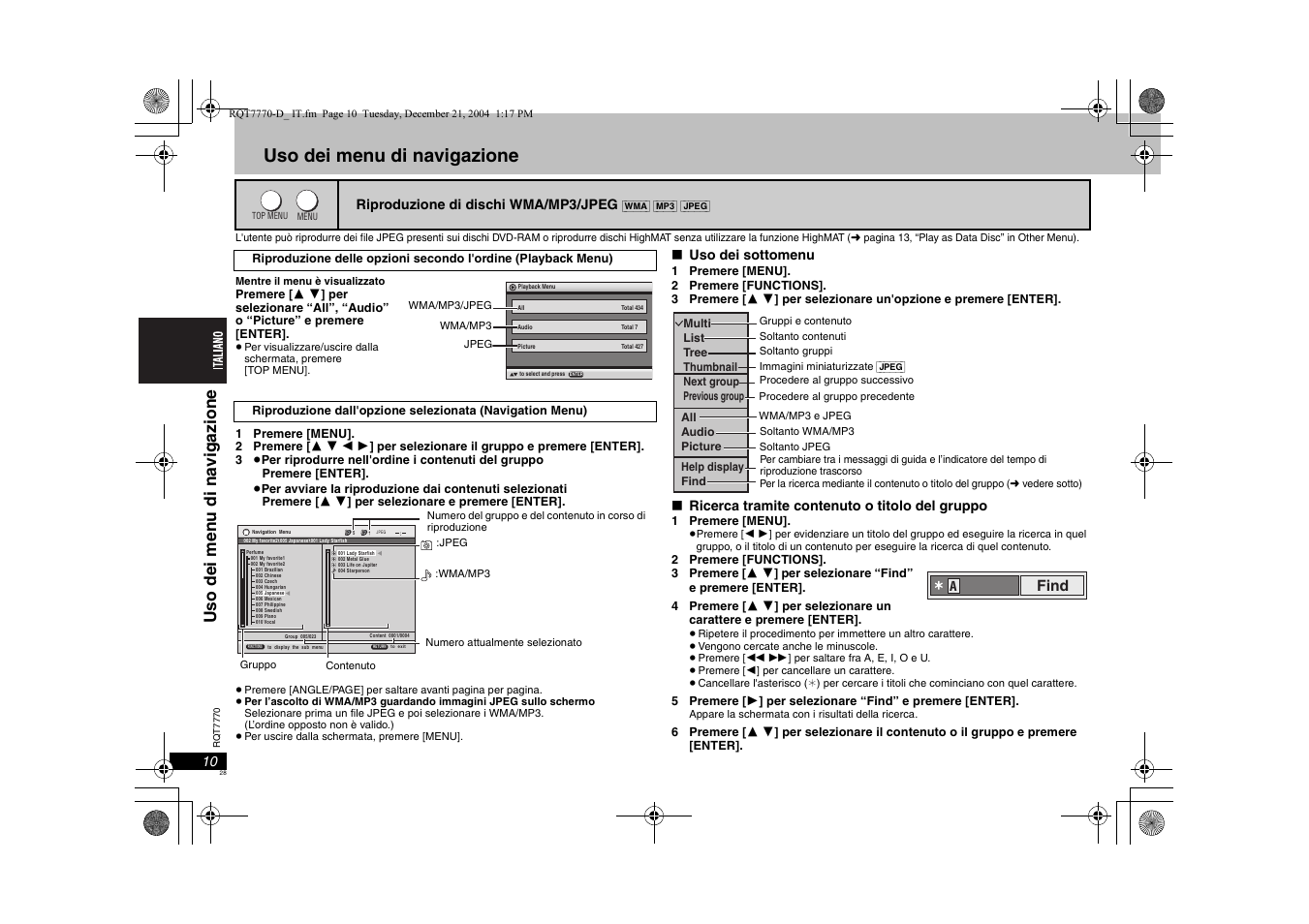 Uso dei menu di navigazione, Find | Panasonic DVDS29 User Manual | Page 28 / 96