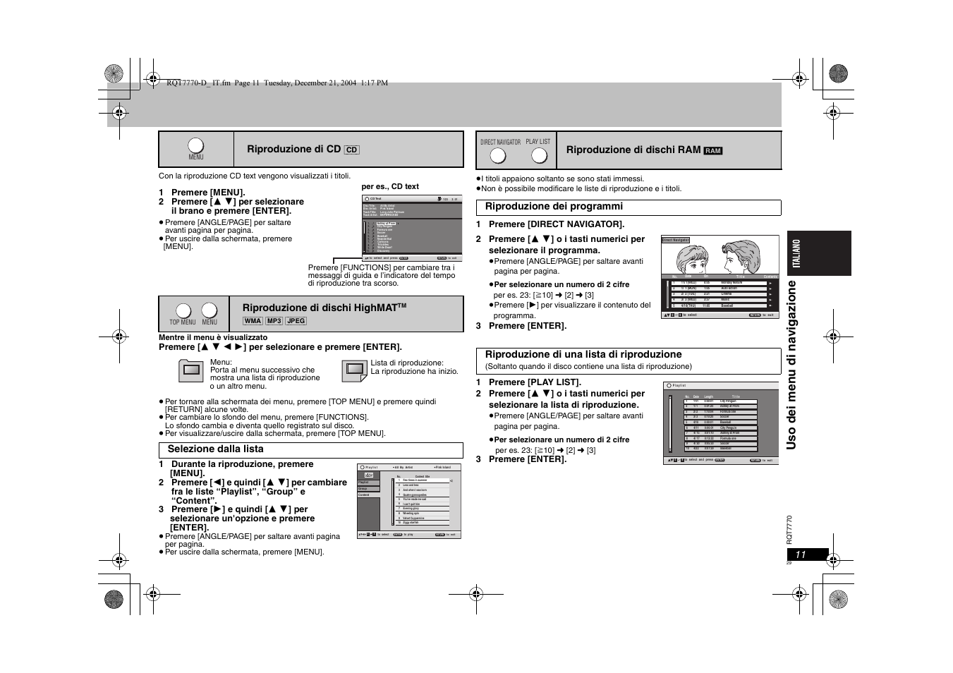 Riproduzione di cd, Riproduzione di dischi highmat, Selezione dalla lista | Riproduzione di dischi ram | Panasonic DVDS29 User Manual | Page 29 / 96