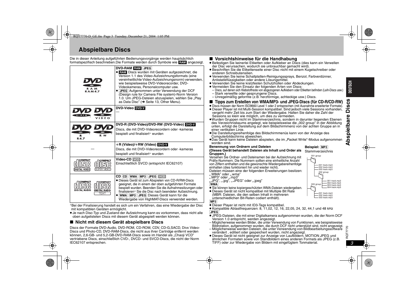 Abspielbare discs, Abspi elbar e di scs | Panasonic DVDS29 User Manual | Page 3 / 96