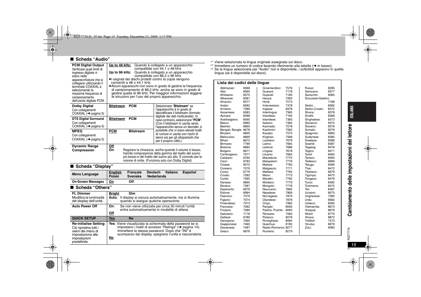 Cambiam ento delle impos taz ioni de l lett or e, Scheda “audio” ∫ scheda “display” ∫ scheda “others | Panasonic DVDS29 User Manual | Page 33 / 96