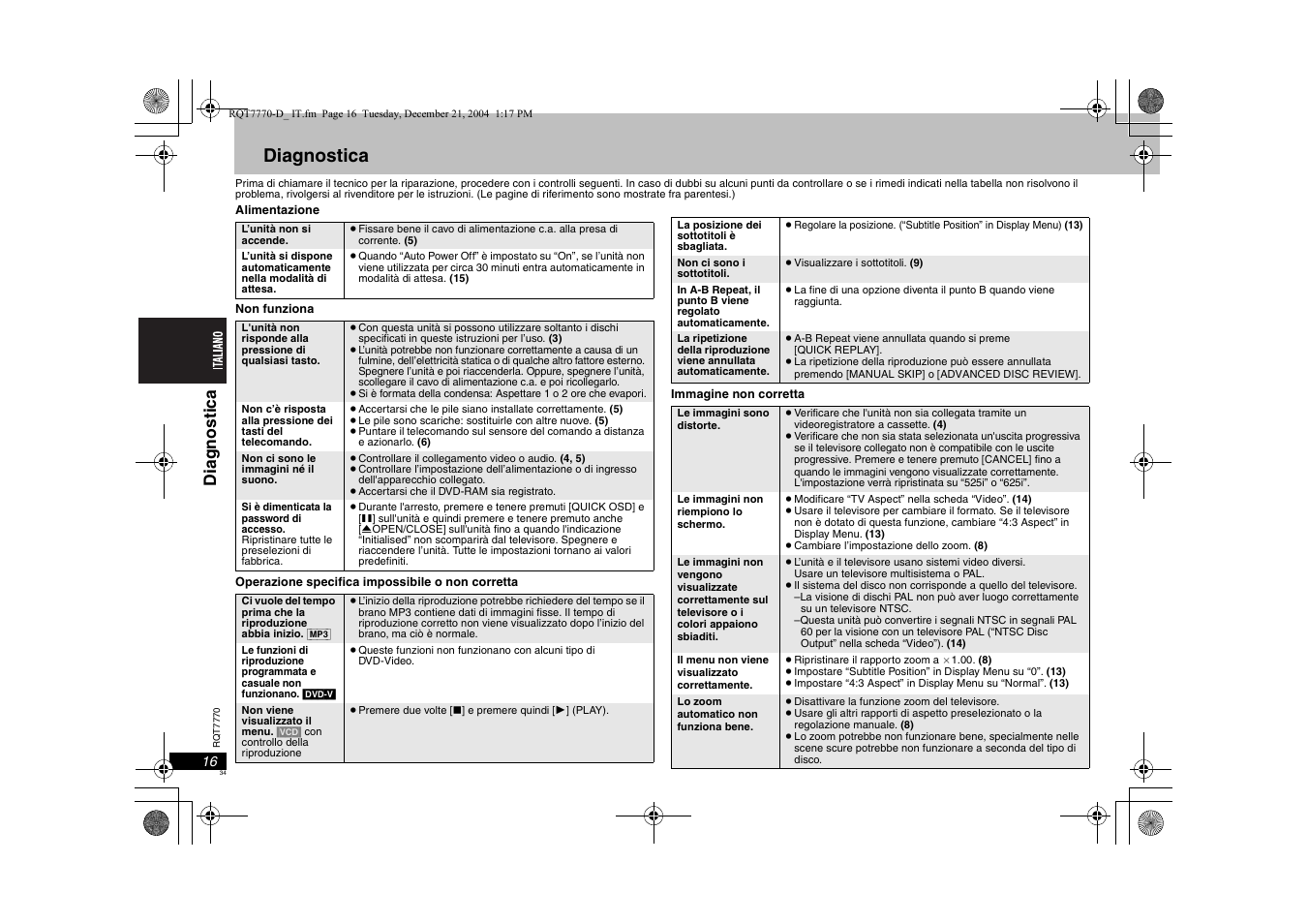 Diagnostica, Dia gnos ti ca | Panasonic DVDS29 User Manual | Page 34 / 96