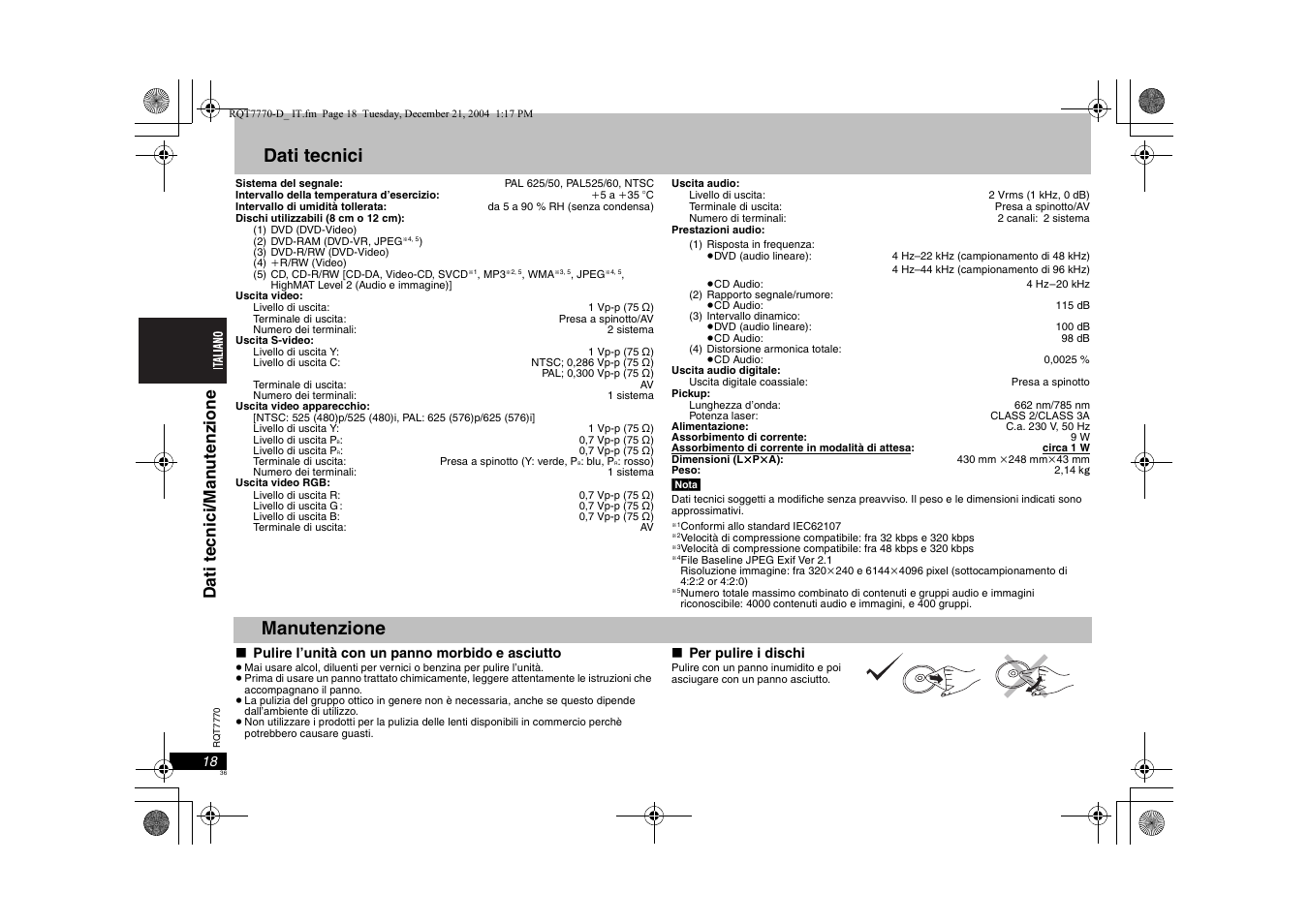 Dati tecnici, Manutenzione, Dat i te cnici /man ut enzi one | Panasonic DVDS29 User Manual | Page 36 / 96