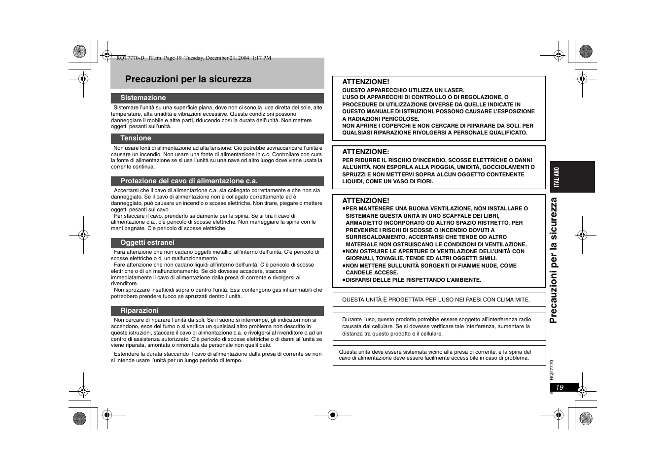 Precauzioni per la sicurezza | Panasonic DVDS29 User Manual | Page 37 / 96