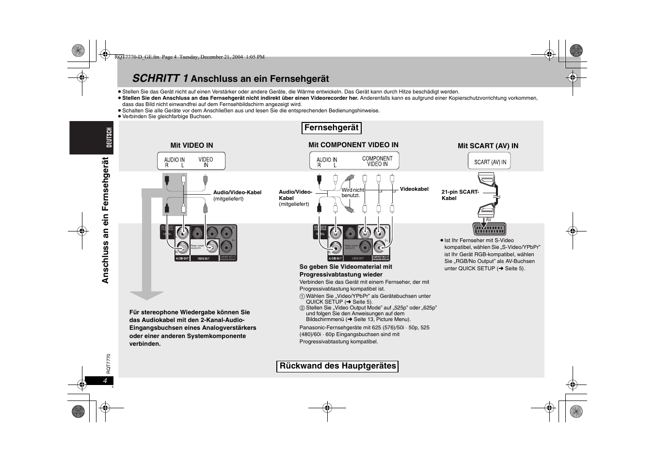 Schritt 1, Anschluss an ein fernsehgerät, Fernsehgerät | Panasonic DVDS29 User Manual | Page 4 / 96