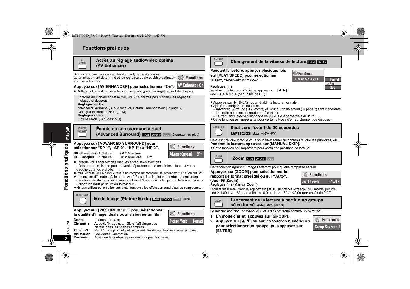 Fonc ti on s p ra ti que s | Panasonic DVDS29 User Manual | Page 44 / 96