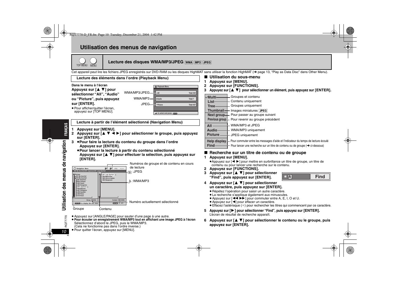 Utilisation des menus de navigation, Ut ili sat ion de s m en u s de na vi gat ion, Find | Panasonic DVDS29 User Manual | Page 46 / 96