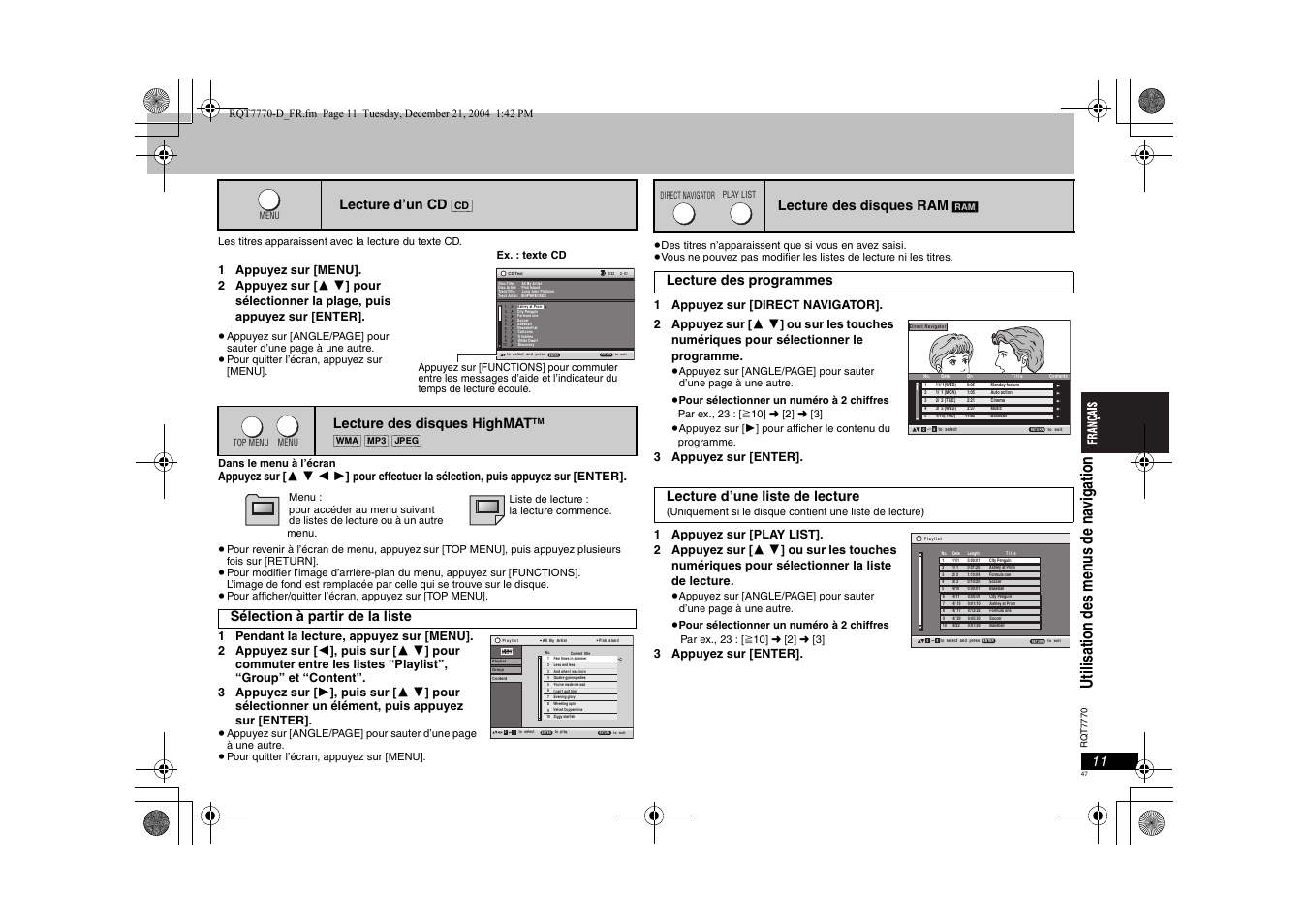 Uti lis at io n des m en u s de n avi ga ti on, Lecture d’un cd, Lecture des disques highmat | Sélection à partir de la liste, Lecture des disques ram | Panasonic DVDS29 User Manual | Page 47 / 96