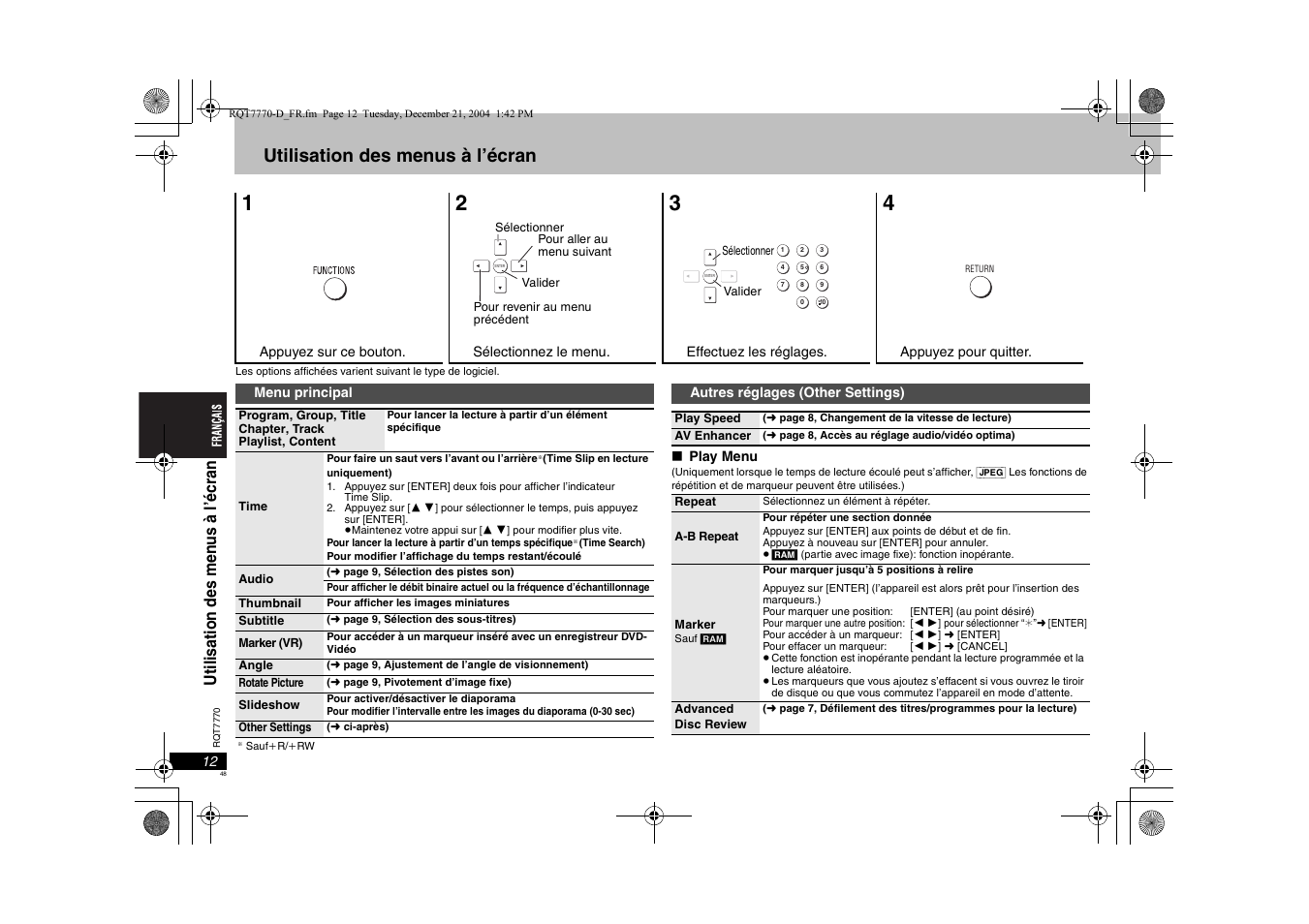 Utilisation des menus à l’écran | Panasonic DVDS29 User Manual | Page 48 / 96