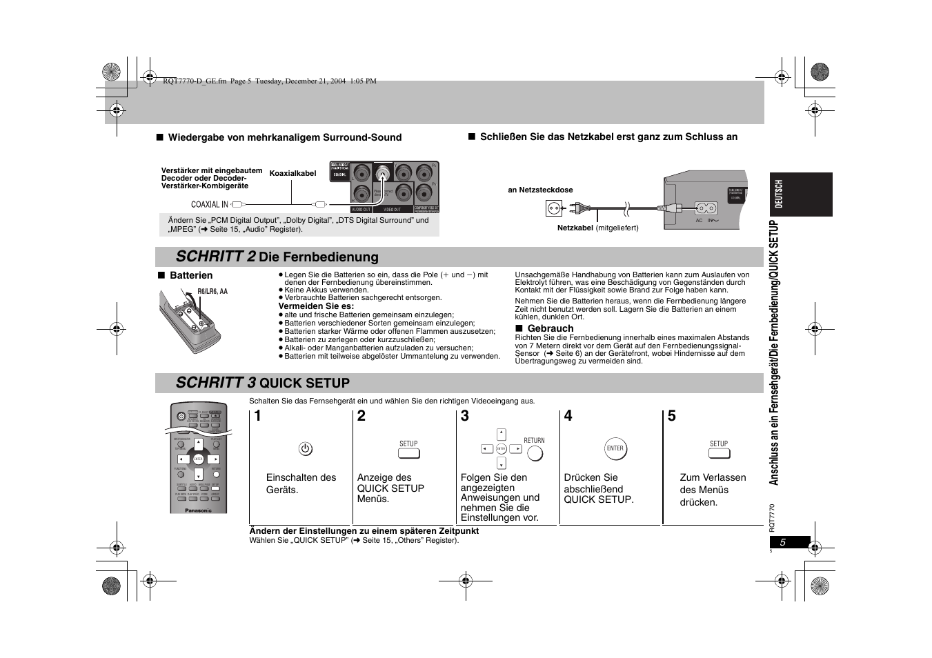 Schritt 2, Schritt 3, Die fernbedienung | Quick setup | Panasonic DVDS29 User Manual | Page 5 / 96