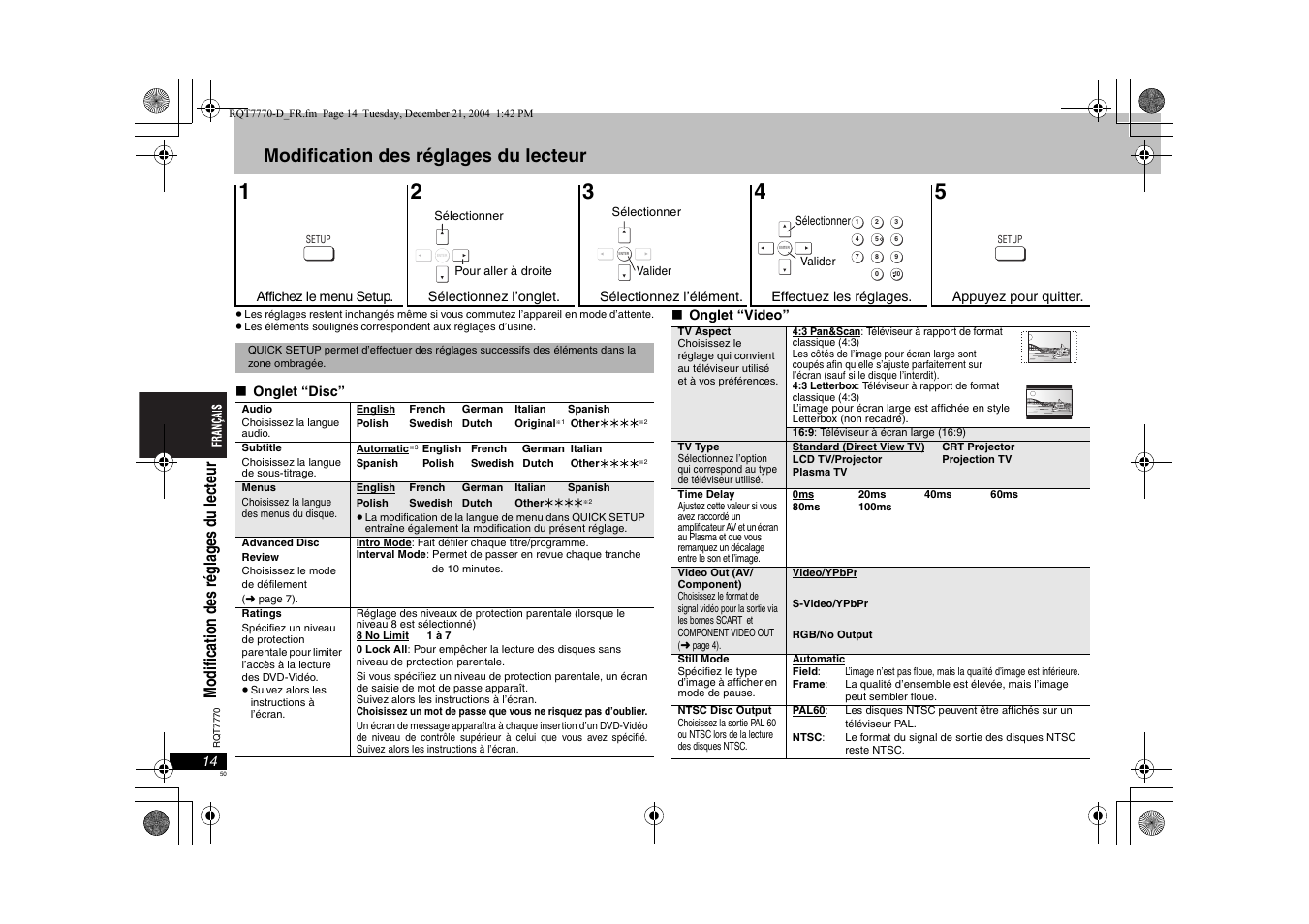 Modification des réglages du lecteur, Mo di fi ca ti on d es r égl ag es du le ct eu r | Panasonic DVDS29 User Manual | Page 50 / 96
