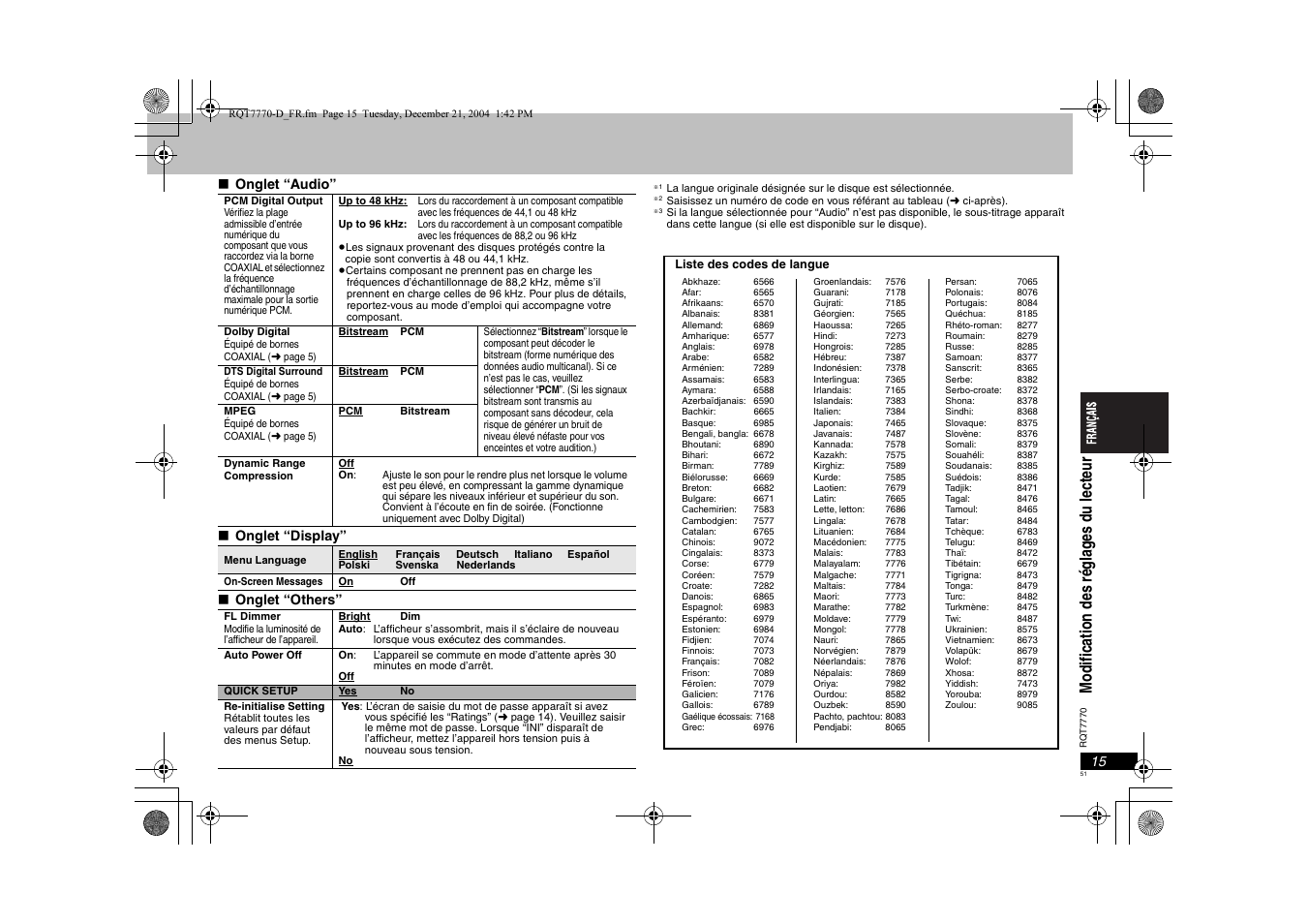 Mo d if ica ti on d es ré gl ag es du le ct eu r, Onglet “audio” ∫ onglet “display” ∫ onglet “others | Panasonic DVDS29 User Manual | Page 51 / 96