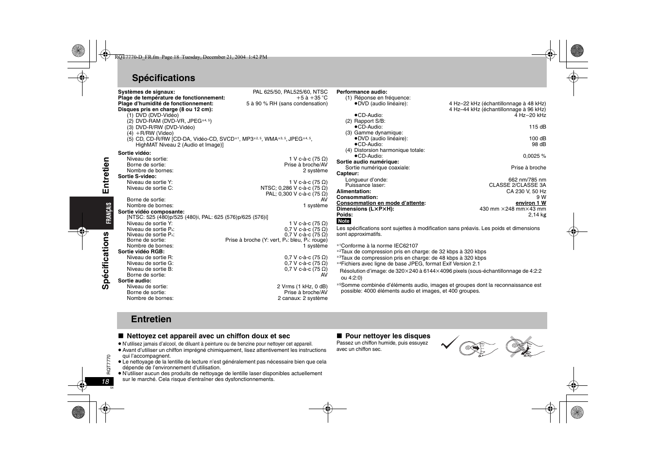 Spécifications, Entretien, Spéci fi cat ions | Ent ret ie n | Panasonic DVDS29 User Manual | Page 54 / 96