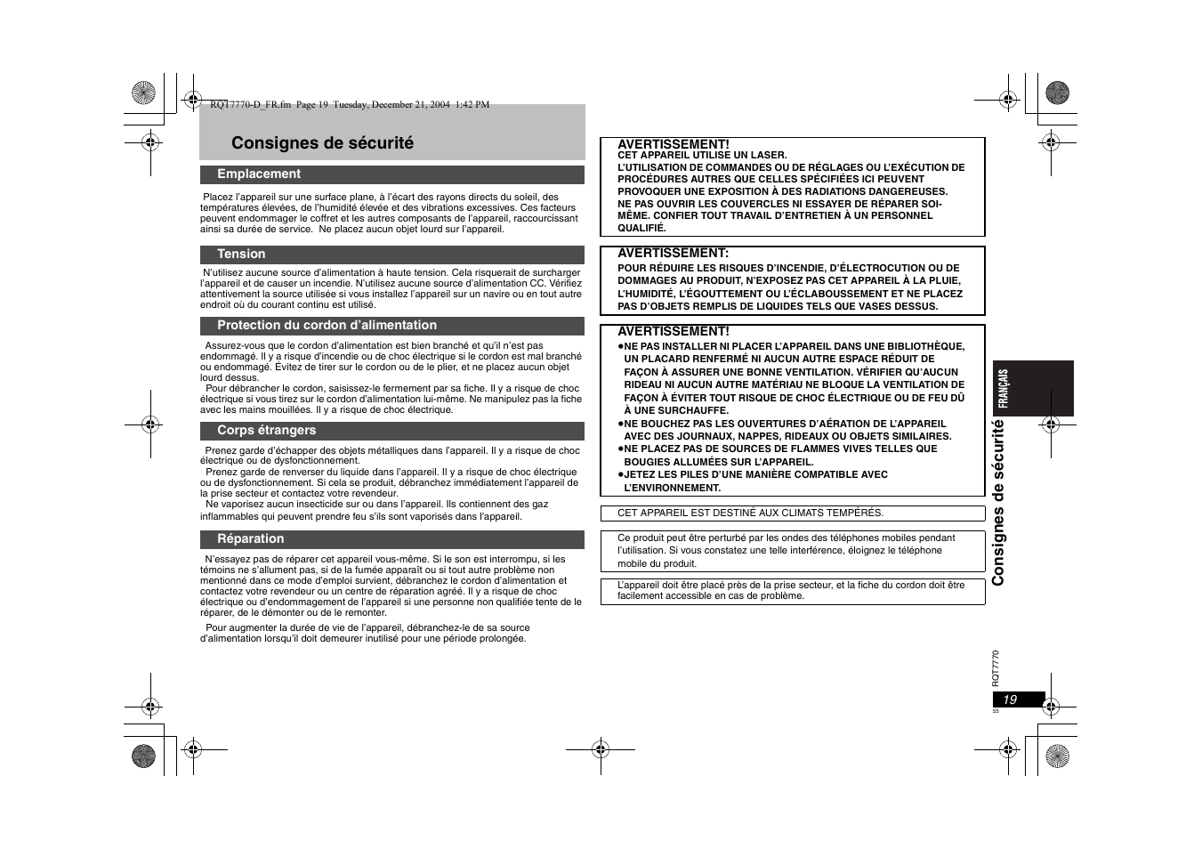 Consignes de sécurité, Consigne s de sécur it é | Panasonic DVDS29 User Manual | Page 55 / 96