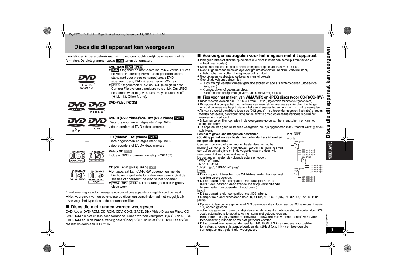 Discs die dit apparaat kan weergeven, Discs die di t appara a t kan weer g e ven | Panasonic DVDS29 User Manual | Page 57 / 96