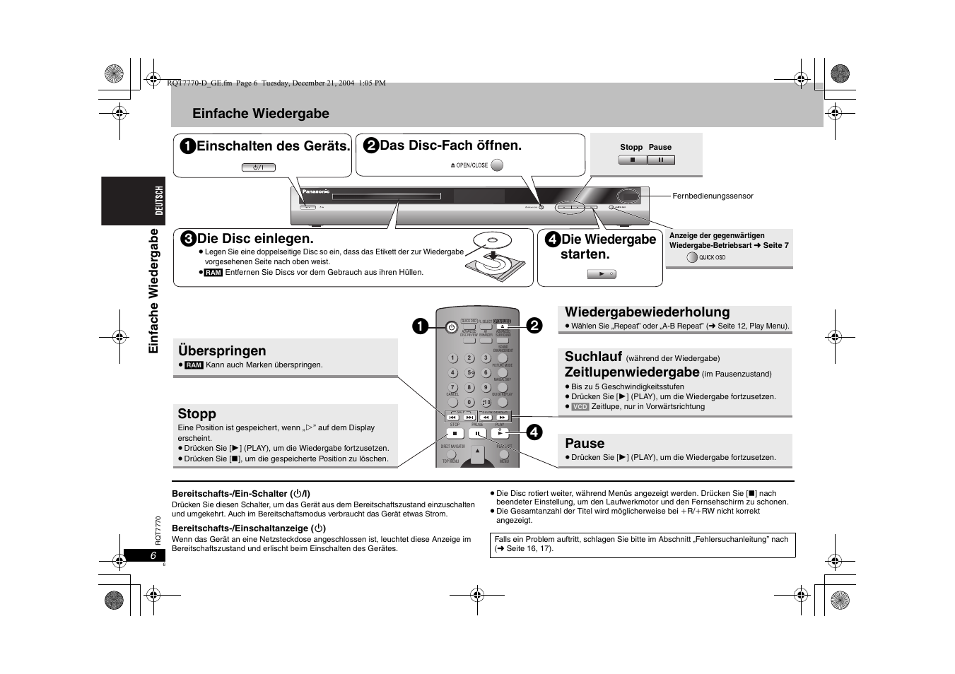 Einfache wiedergabe, Einschalten des geräts, Das disc-fach öffnen | Die disc einlegen, Die wiedergabe starten, Überspringen, Stopp, Suchlauf, Zeitlupenwiedergabe, Pause | Panasonic DVDS29 User Manual | Page 6 / 96