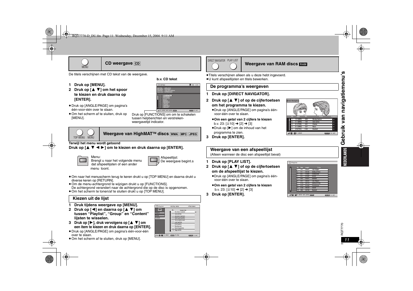 Cd weergave, Weergave van highmat, Discs | Kiezen uit de lijst, Weergave van ram discs | Panasonic DVDS29 User Manual | Page 65 / 96