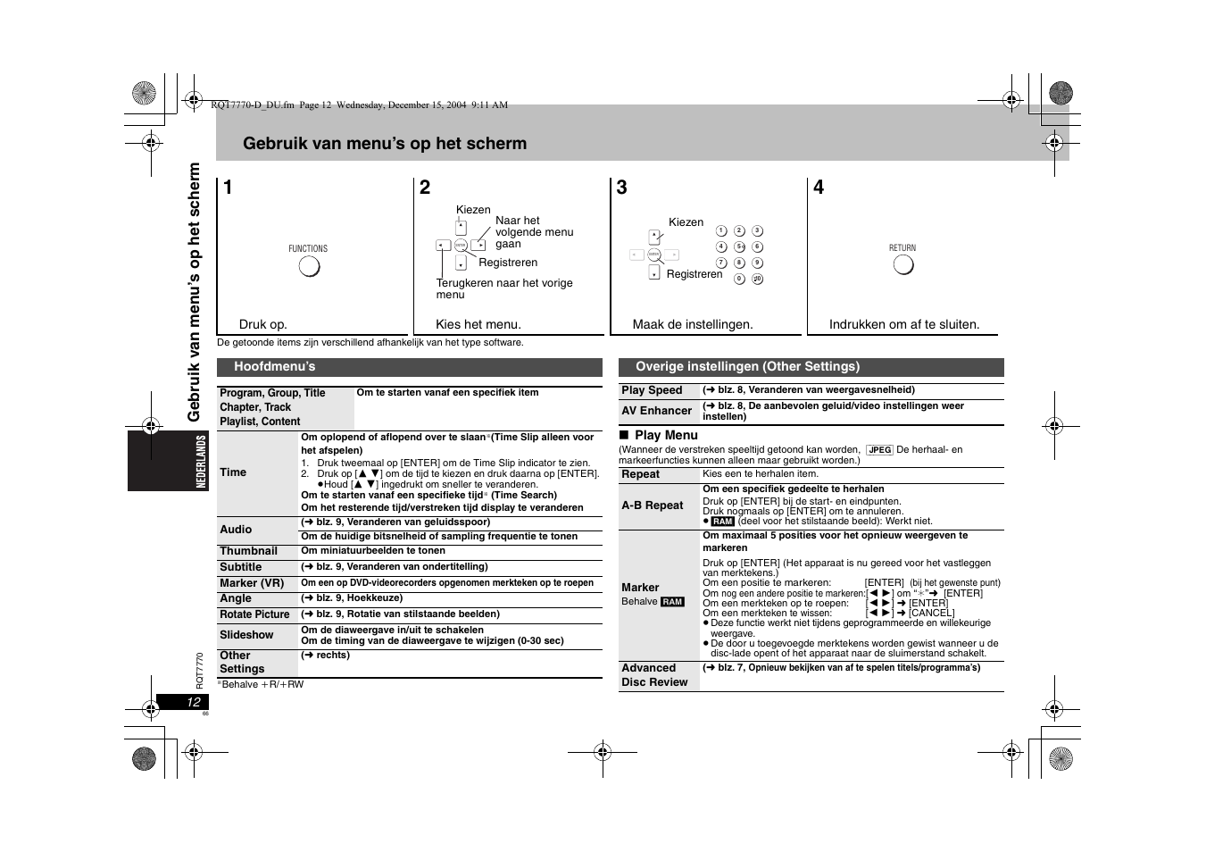 Gebruik van menu’s op het scherm, Ge brui k v an men u ’s op het sc her m | Panasonic DVDS29 User Manual | Page 66 / 96