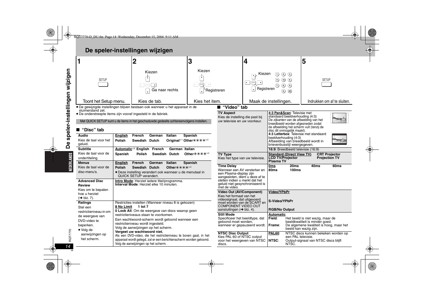 De speler-instellingen wijzigen, De speler -i nstel li ng en wij z ig en | Panasonic DVDS29 User Manual | Page 68 / 96