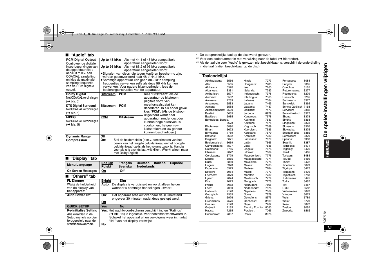 De spel er -i nst ell in g en wi jzi g en, Audio” tab ∫ “display” tab ∫ “others” tab, Taalcodelijst | Panasonic DVDS29 User Manual | Page 69 / 96