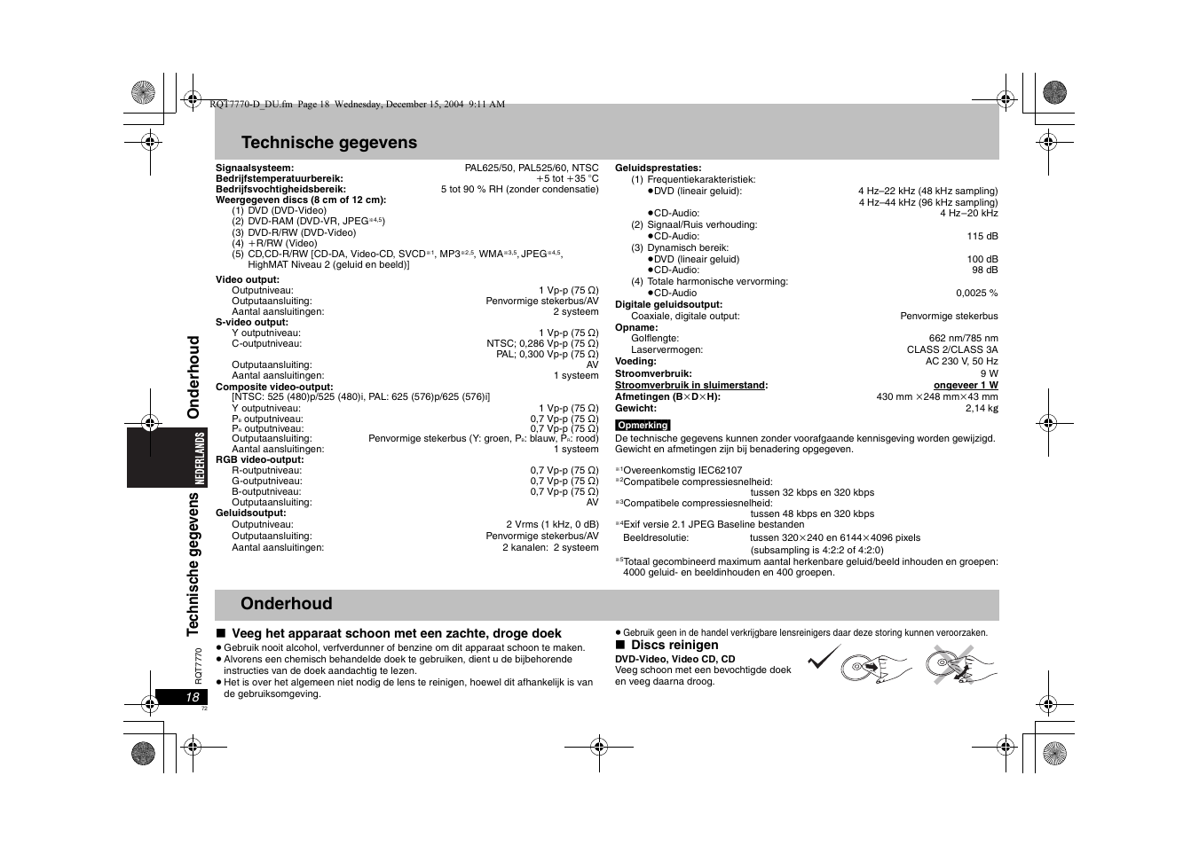 Technische gegevens, Onderhoud | Panasonic DVDS29 User Manual | Page 72 / 96