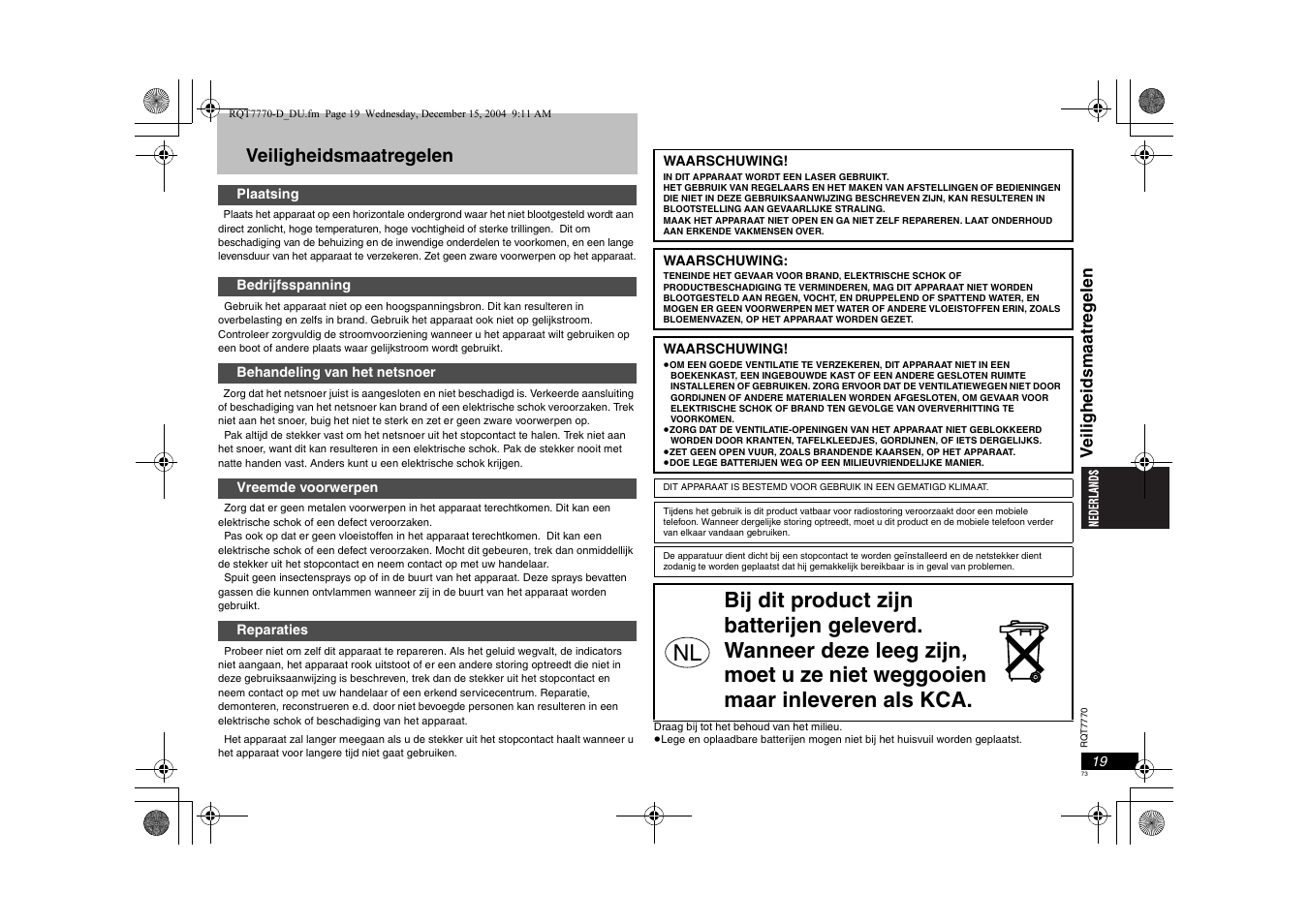 Veiligheidsmaatregelen | Panasonic DVDS29 User Manual | Page 73 / 96