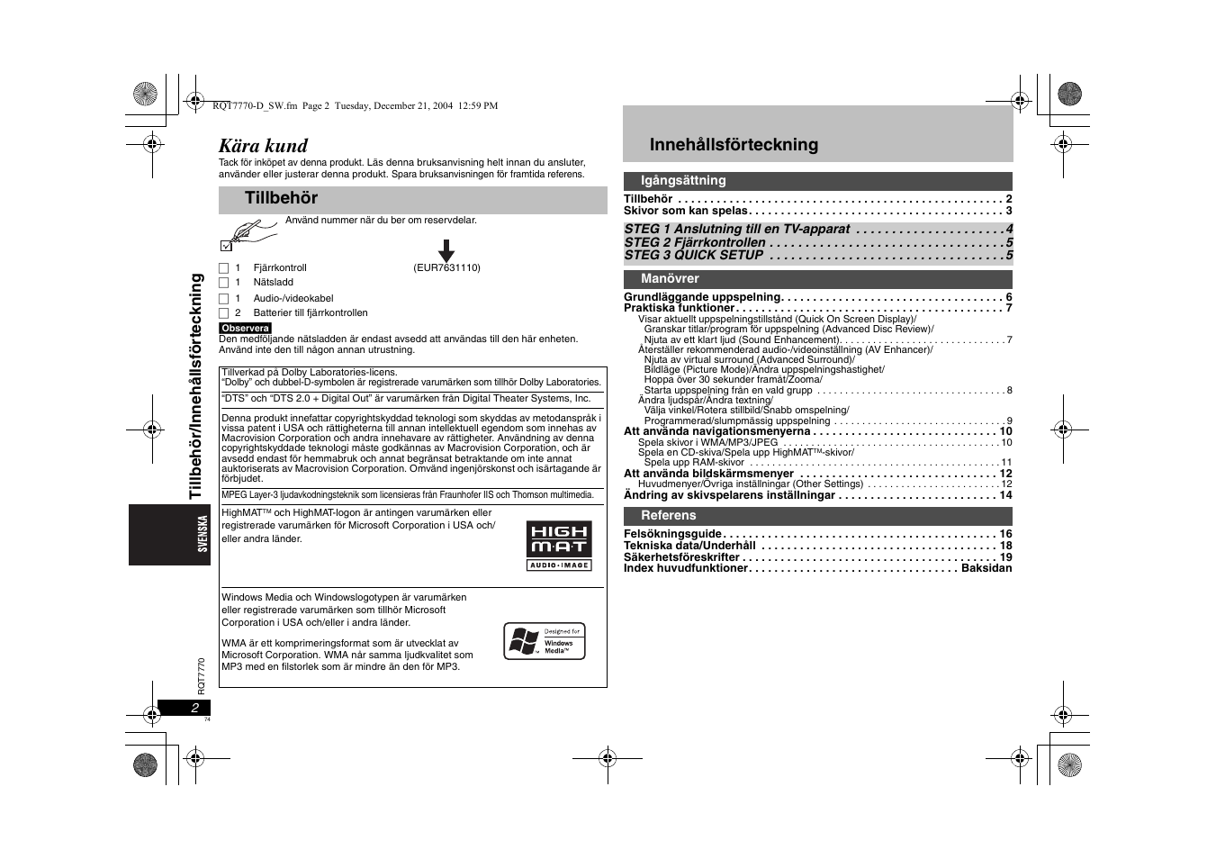 Kära kund, Tillbehör, Innehållsförteckning | Til lbe hör/ innehål ls fö rt ec kni ng | Panasonic DVDS29 User Manual | Page 74 / 96