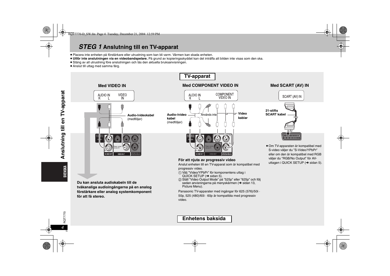 Steg 1, Anslutning till en tv-apparat, Tv-apparat | Panasonic DVDS29 User Manual | Page 76 / 96