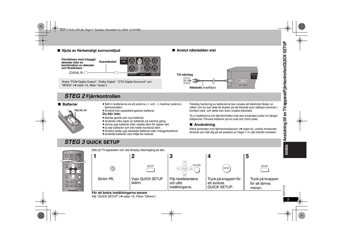 Steg 2, Steg 3, Fjärrkontrollen | Quick setup | Panasonic DVDS29 User Manual | Page 77 / 96