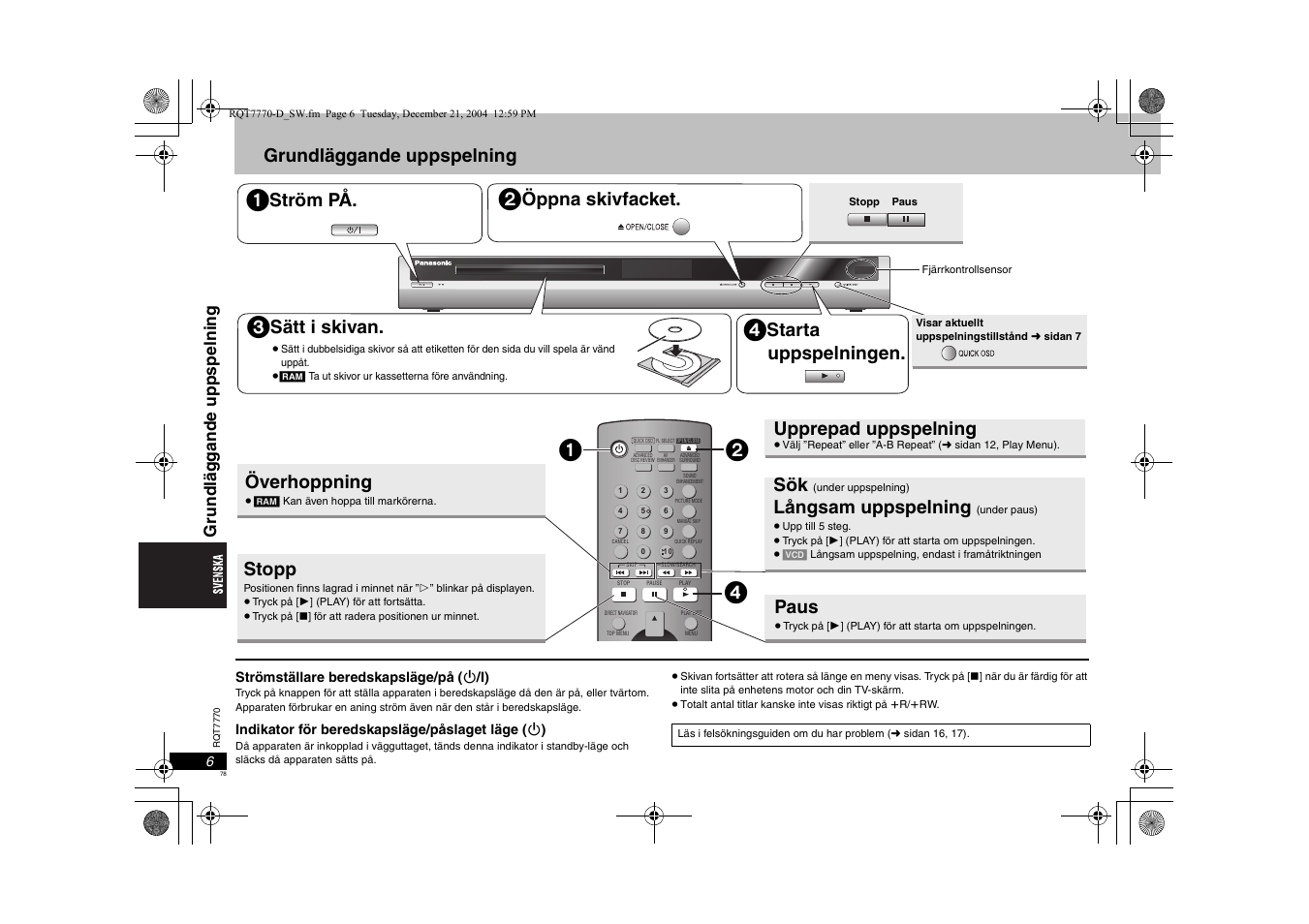 Grundläggande uppspelning, Ström på, Öppna skivfacket | Sätt i skivan, Starta uppspelningen, Överhoppning, Stopp, Långsam uppspelning, Paus, Upprepad uppspelning | Panasonic DVDS29 User Manual | Page 78 / 96