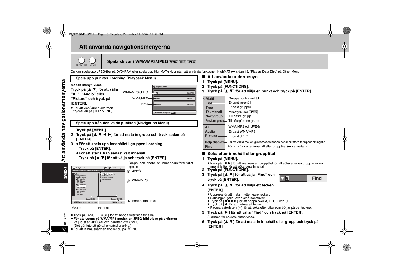 Att använda navigationsmenyerna, At t an v ända na vi gati onsmen y e rna, Find | Panasonic DVDS29 User Manual | Page 82 / 96