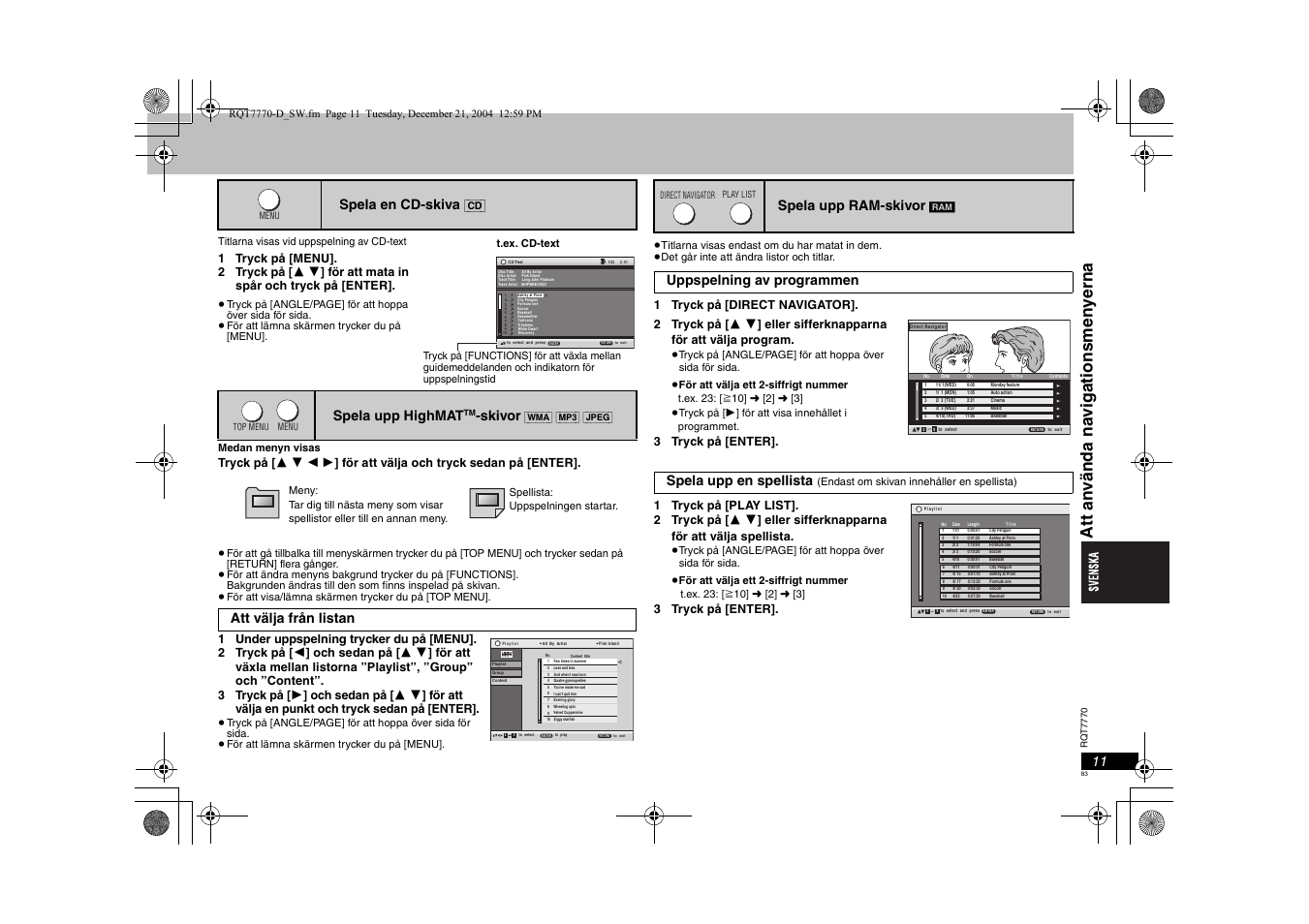 At t an v ända na vi gati onsmen y e rna, Spela en cd-skiva, Spela upp highmat | Skivor, Att välja från listan, Spela upp ram-skivor, Uppspelning av programmen spela upp en spellista | Panasonic DVDS29 User Manual | Page 83 / 96