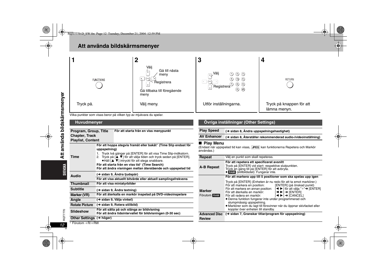 Att använda bildskärmsmenyer | Panasonic DVDS29 User Manual | Page 84 / 96