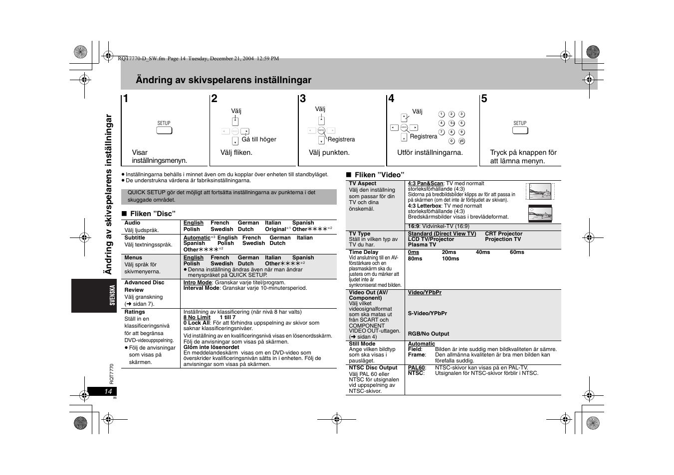 Ändring av skivspelarens inställningar, Ändri ng a v sk ivspel are ns i nstä ll n ingar | Panasonic DVDS29 User Manual | Page 86 / 96