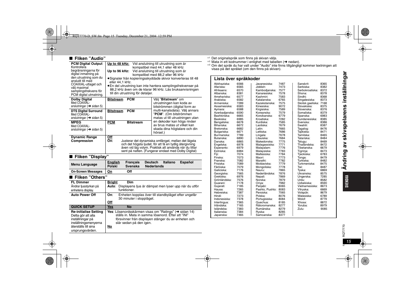 Ändri ng a v skivs pelar ens inst äll n ingar, Fliken ”audio” ∫ fliken ”display” ∫ fliken ”others, Lista över språkkoder | Panasonic DVDS29 User Manual | Page 87 / 96
