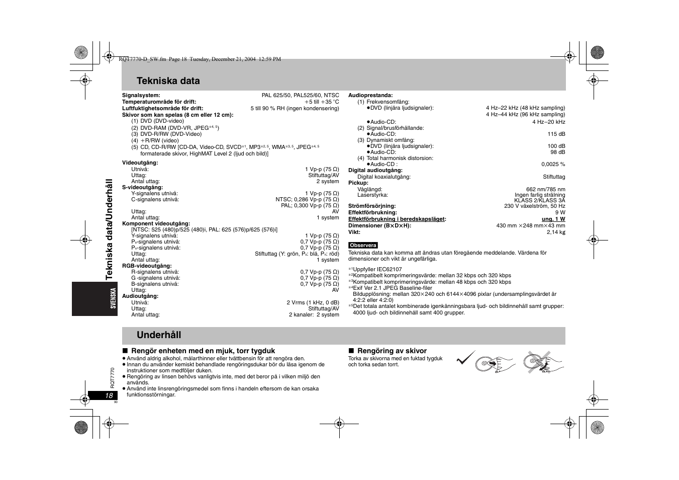 Tekniska data, Underhåll, Te k n iska dat a/under hål l | Panasonic DVDS29 User Manual | Page 90 / 96