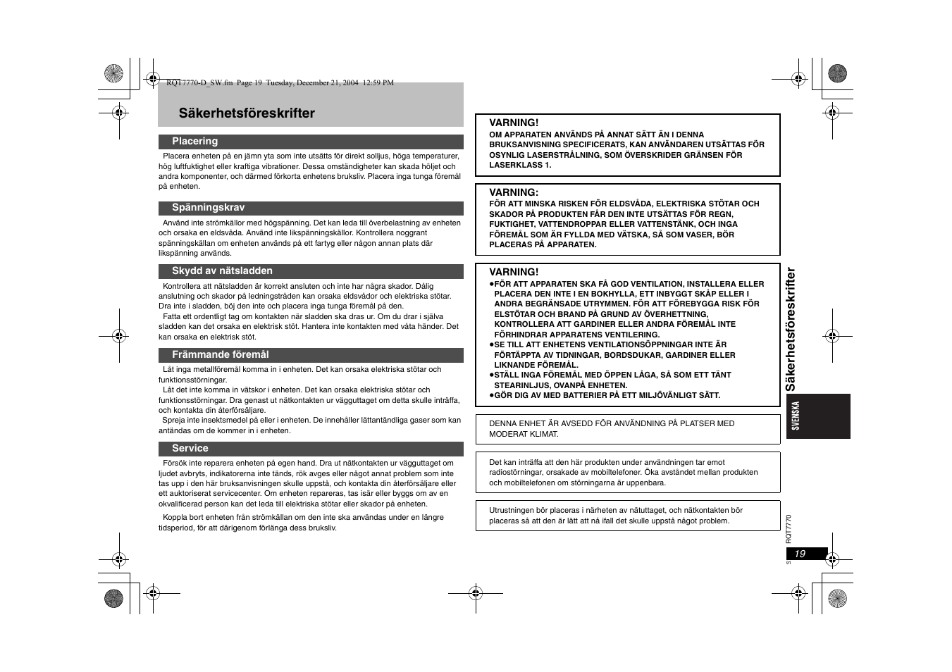 Säkerhetsföreskrifter, Säker hetsf öreskr if ter | Panasonic DVDS29 User Manual | Page 91 / 96