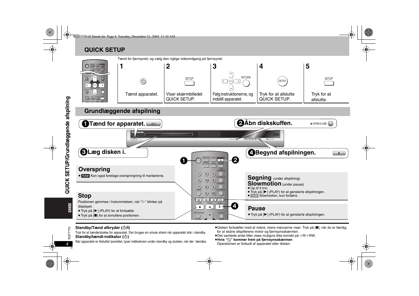 Quick setup, Grundlæggende afspilning, Tænd for apparatet | Åbn diskskuffen, Læg disken i, Begynd afspilningen. overspring, Stop, Søgning, Slowmotion, Pause | Panasonic DVDS29 User Manual | Page 94 / 96