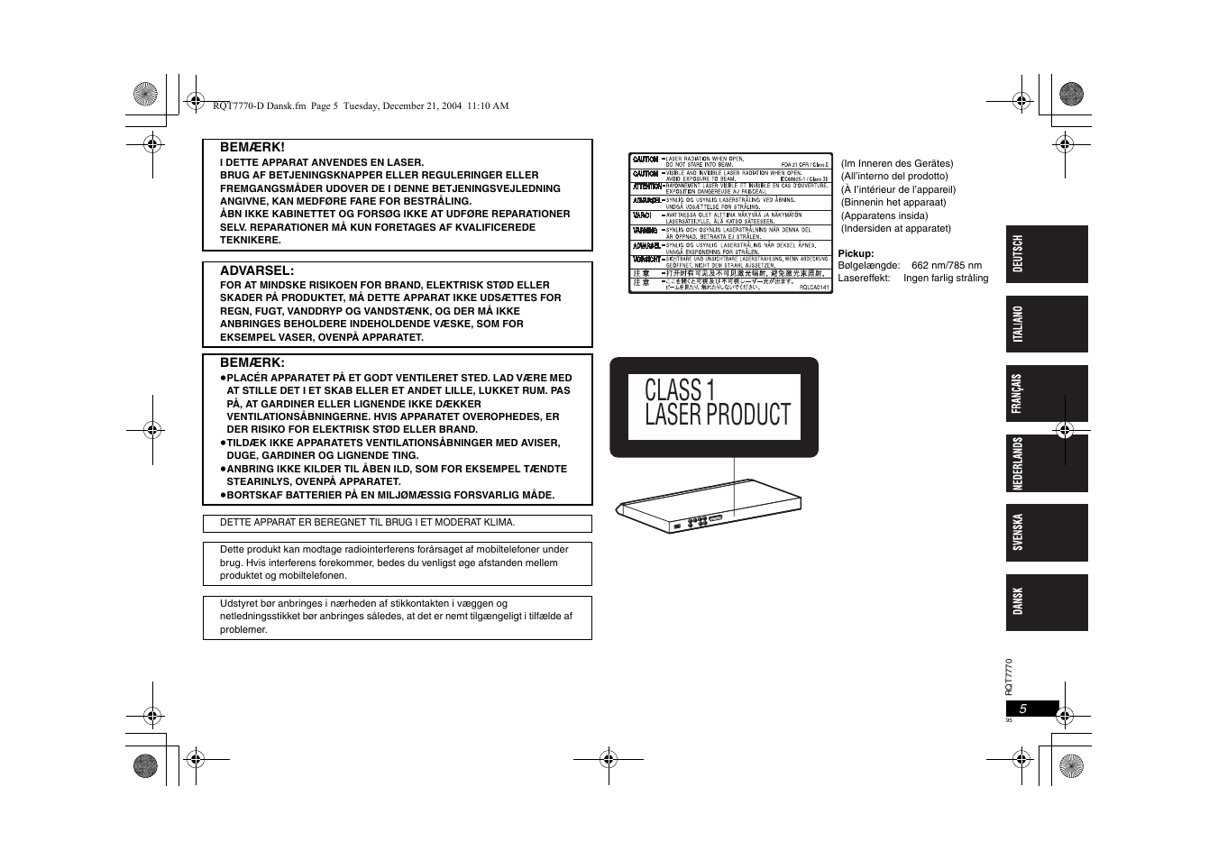 Class 1 laser product | Panasonic DVDS29 User Manual | Page 95 / 96